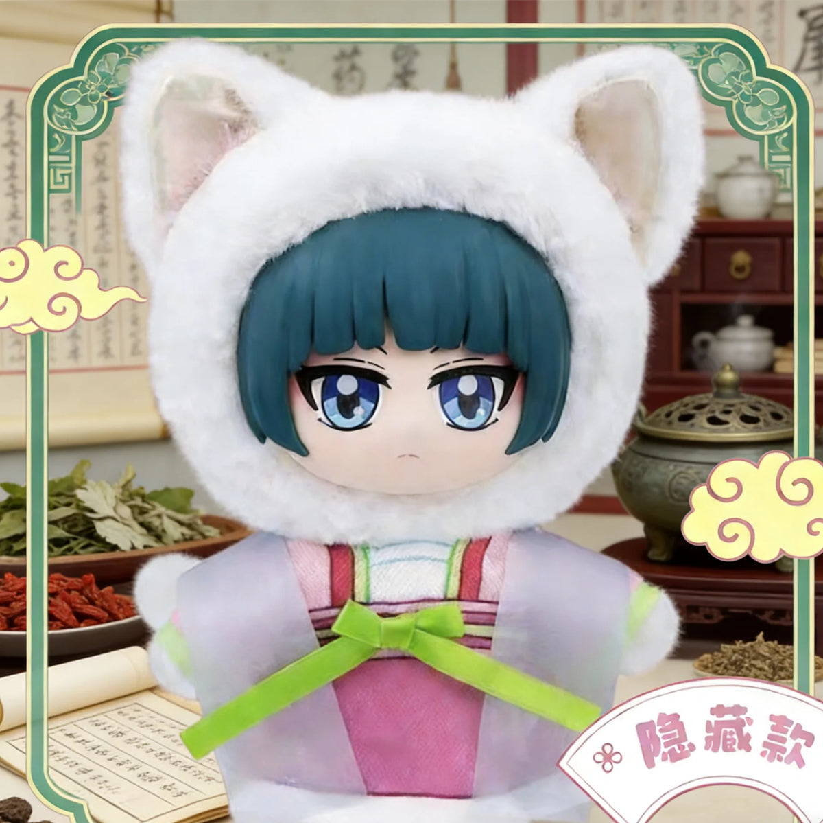 A plush blind box featuring a character with blue hair and large eyes wearing a white animal-like hood and purple clothing.