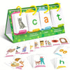 A green and yellow picture recognition word builder game featuring cards with letters and words for children