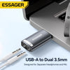 An Essager USB-A to Dual 3.5mm adapter is shown next to a silver electronic device.