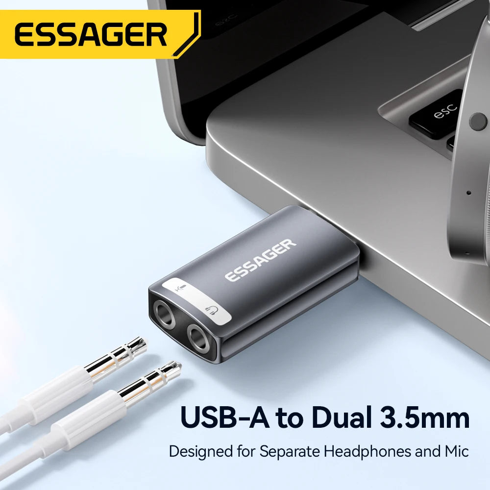 An Essager USB-A to Dual 3.5mm adapter is shown next to a silver electronic device.