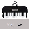 Black 32-key portable melodica with a carrying bag and accessories