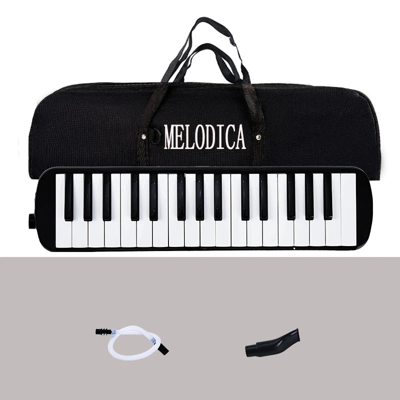Black 32-key portable melodica with a carrying bag and accessories