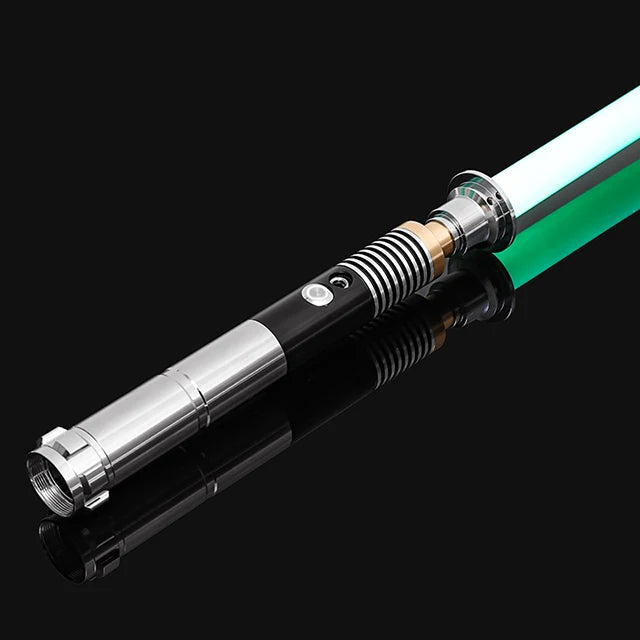 An RGB metal lightsaber with a green blade and silver body is shown against a black background.