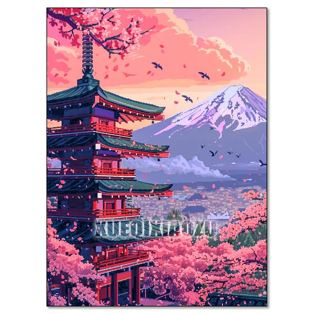 Cherry Blossom Tower Diamond Painting Kit – DIY 5D Wall Art for Adults