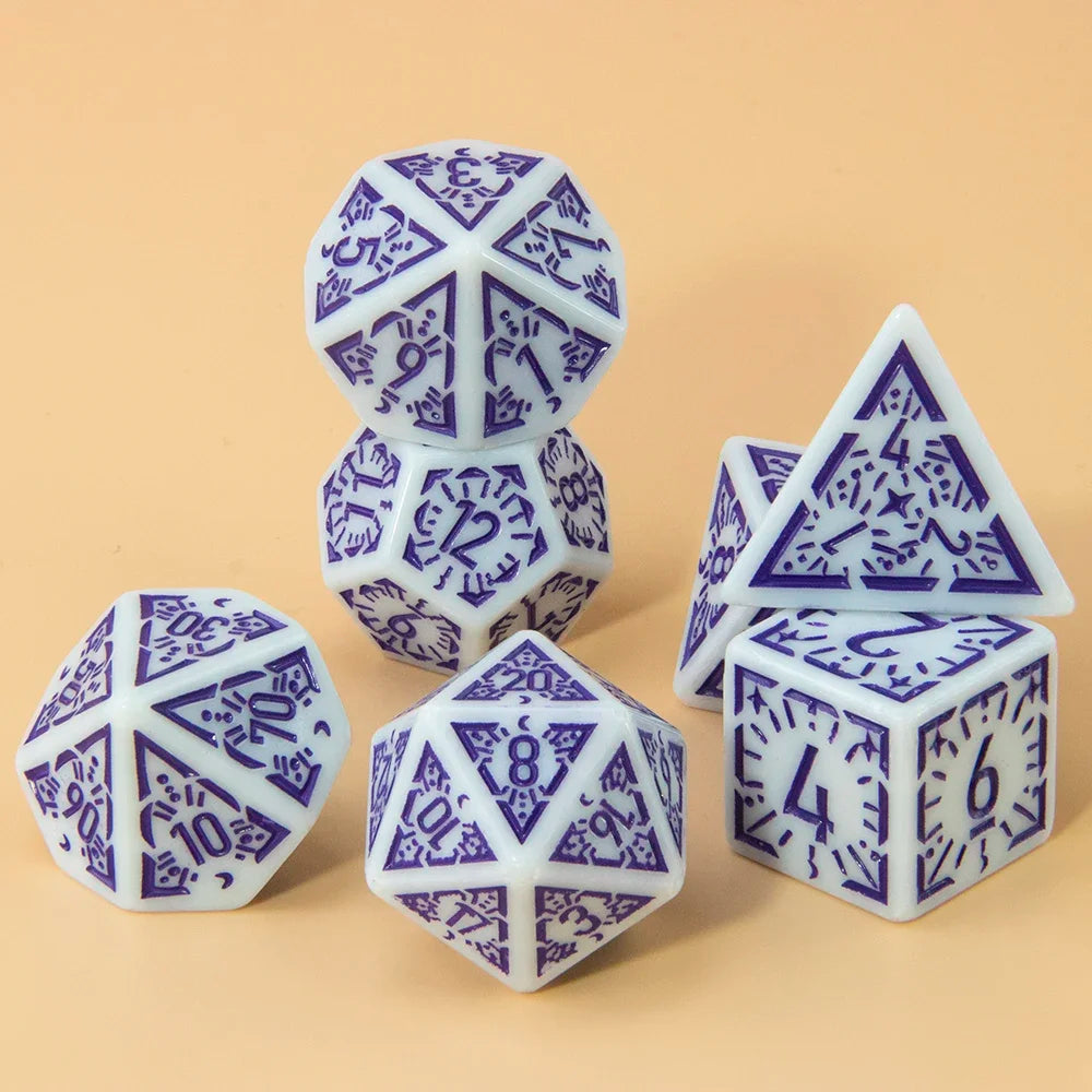 A set of seven polyhedral dice in white and purple patterns arranged on a light beige surface.
