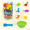A collection of colorful plastic animal sorting and counting toys, including various sized animals and a blue tool.