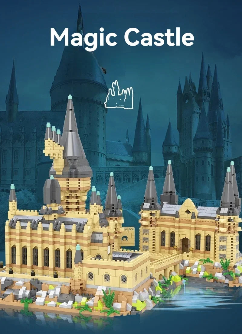 A detailed model of a medieval castle built from yellow and gray building blocks on water.