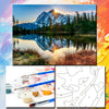 DIY Paint by Numbers kit showing paint pots, brushes, and a seascape canvas art outline.