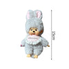 A light gray fluffy rabbit plush toy with pink inner ears and a white lace collar.