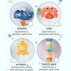 A set of bath toys including a dolphin, crab, and octopus that spin with the flow of water.