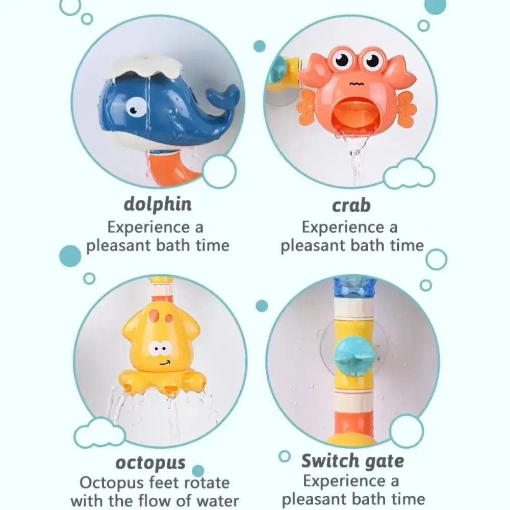 A set of bath toys including a dolphin, crab, and octopus that spin with the flow of water.