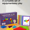 A complete set of Angram Kids 3D wooden tangram puzzles featuring various colored geometric shapes for play