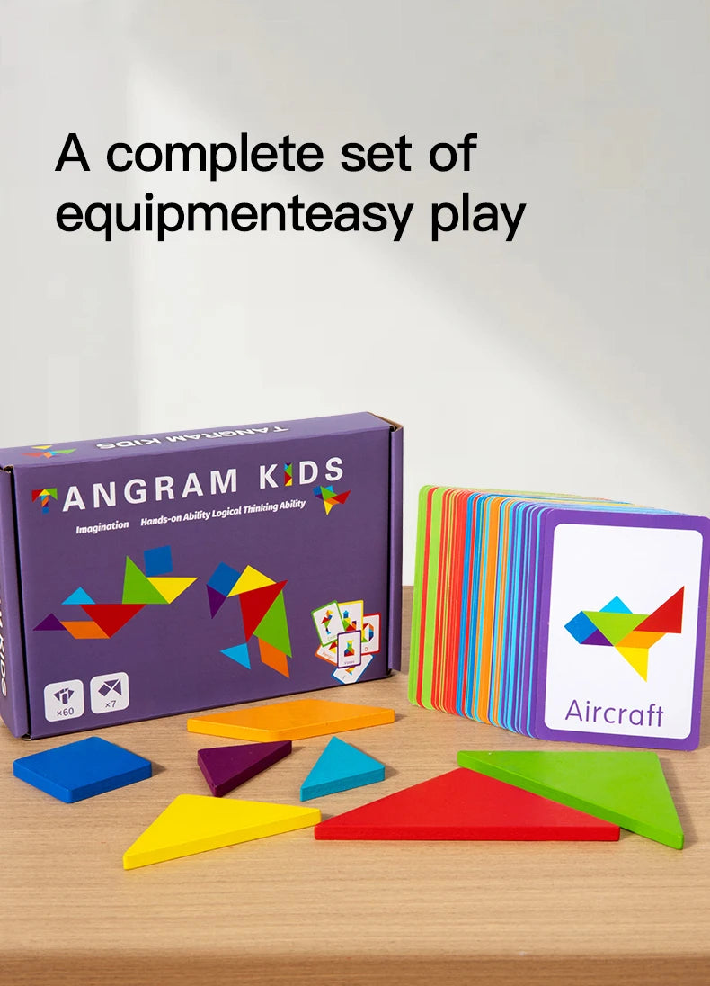 A complete set of Angram Kids 3D wooden tangram puzzles featuring various colored geometric shapes for play