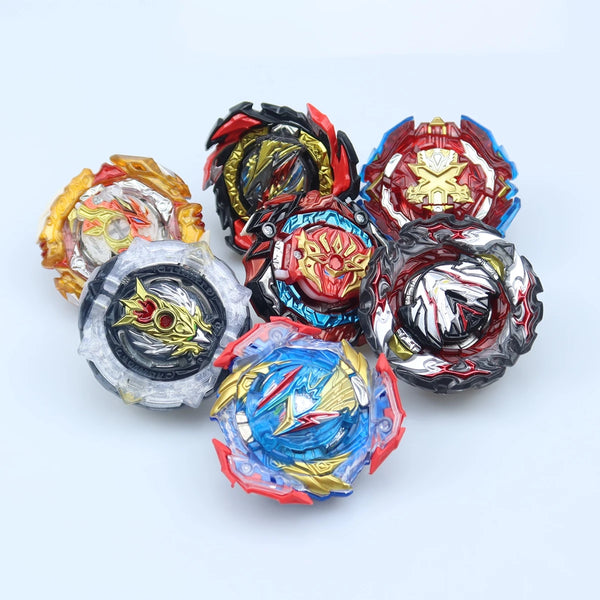 A collection of colorful magnetic spinning tops with intricate designs and metallic finishes.