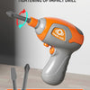 An orange and gray electric impact drill is shown with a screw bit, demonstrating double directional screwing for tightening.