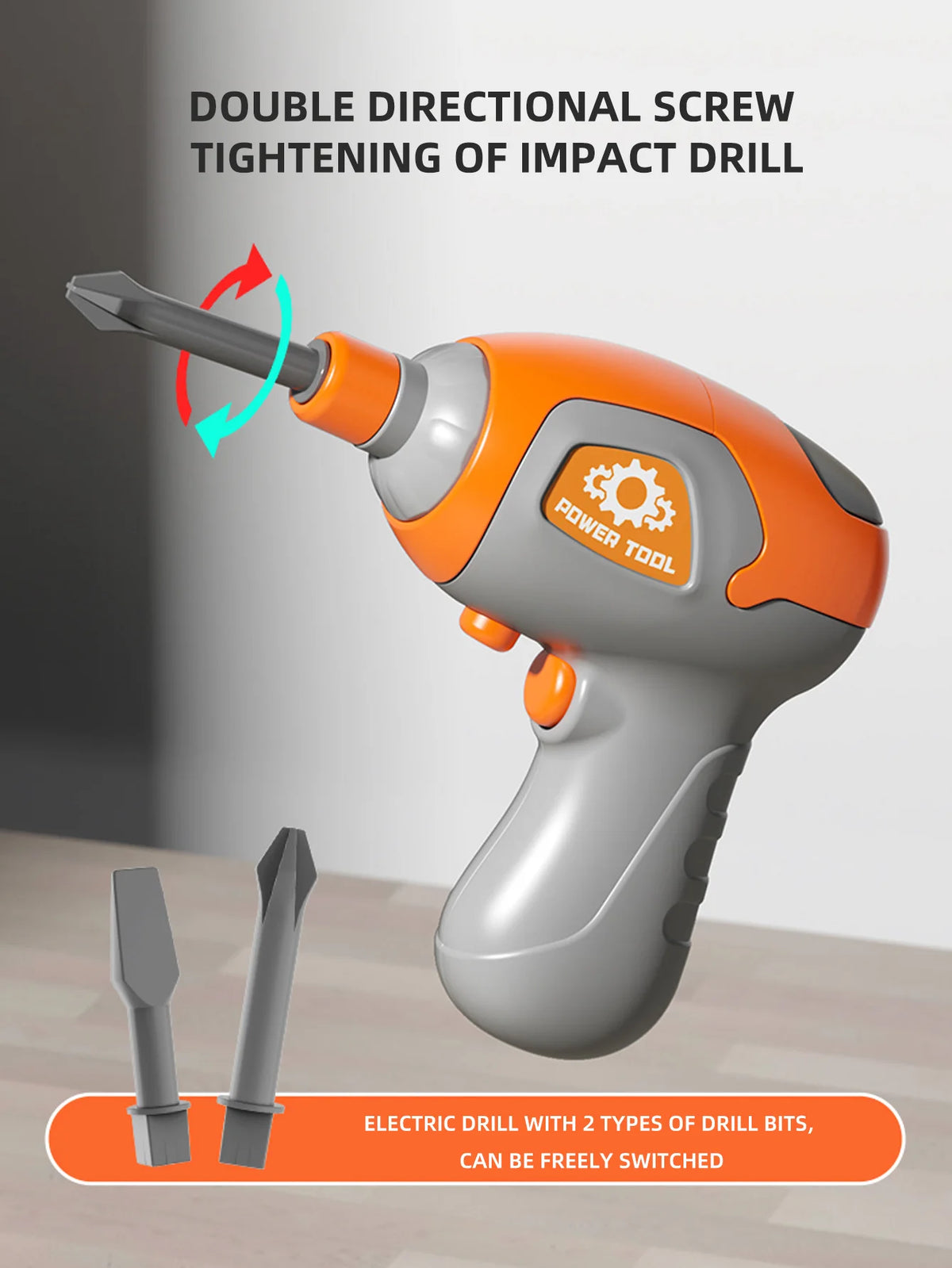 An orange and gray electric impact drill is shown with a screw bit, demonstrating double directional screwing for tightening.