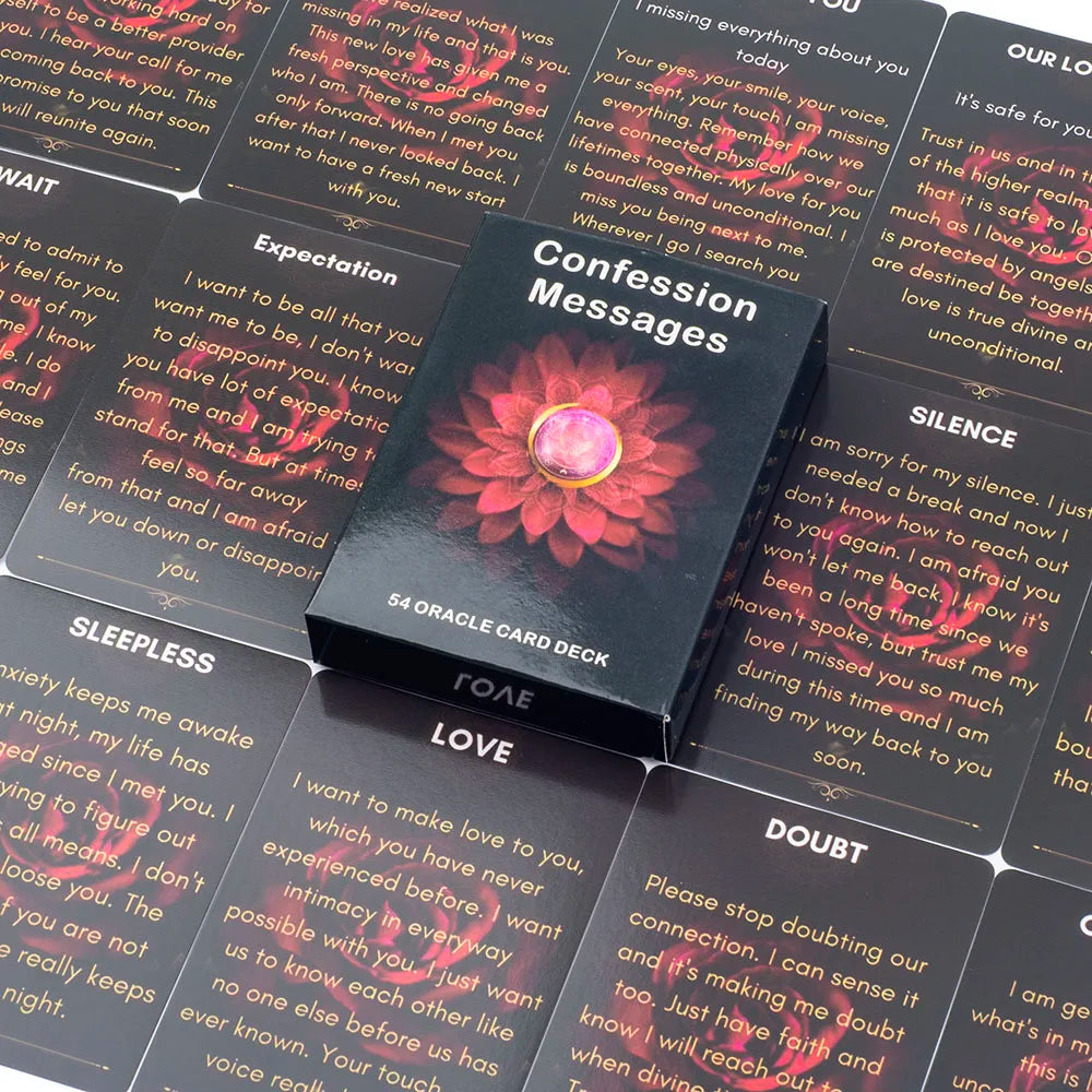 A collection of black oracle cards featuring messages like Love, Expectation, Confession, Silence, and Doubt.