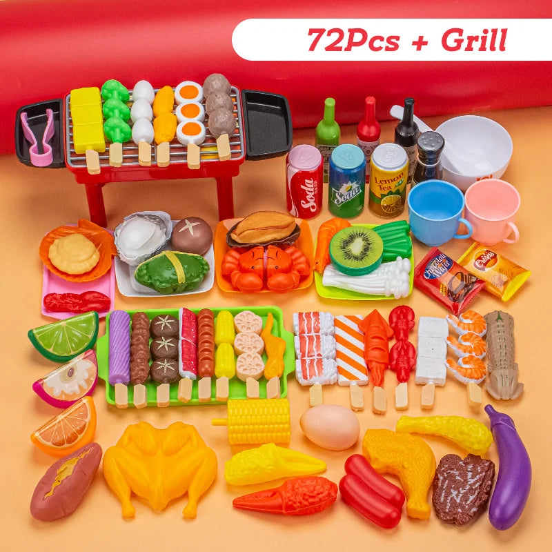 A colorful set of 72 pieces of food items including fruits vegetables and meats arranged on a grill.