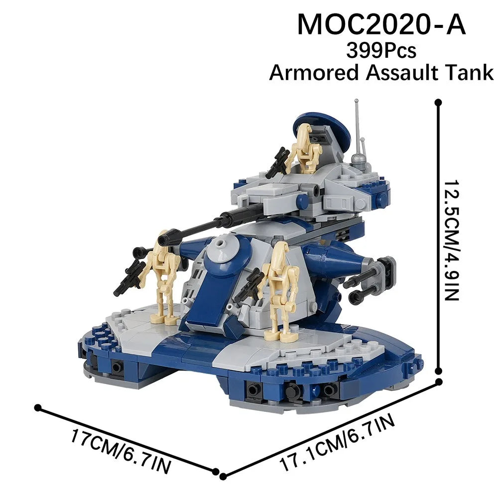 A gray and blue armored assault tank model built from building blocks.