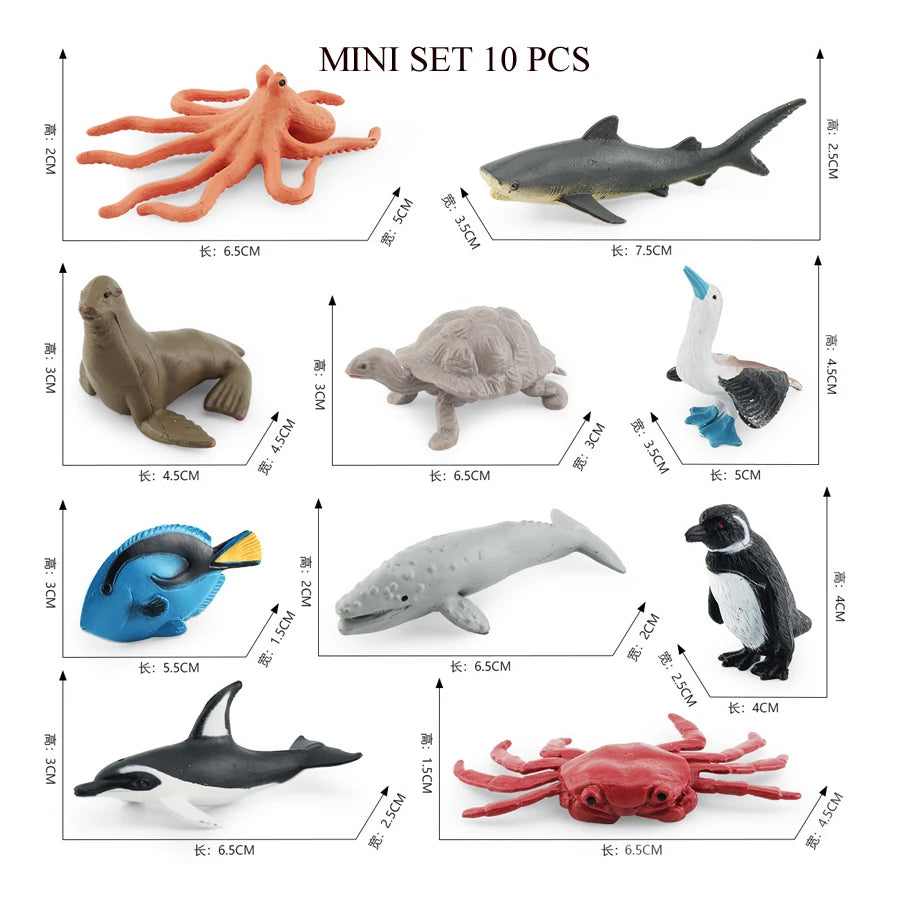 A mini set of 10 realistic ocean animal figurines including a shark, whale, dolphin, turtle, and penguin.