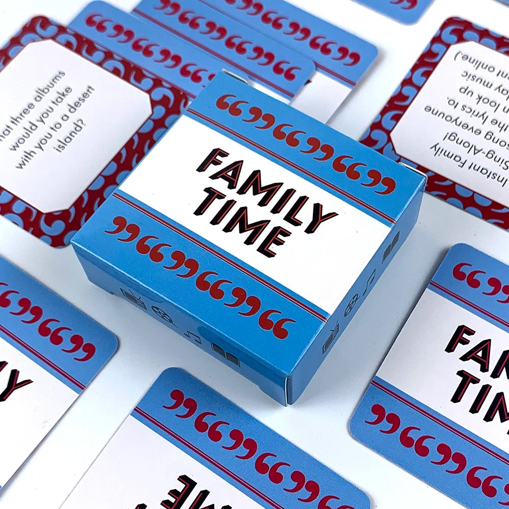 A box of Family Time conversation cards with prompts for gatherings is shown on a white surface.