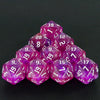 A pyramid of ten glitter D20 dice in various shades of purple and pink.