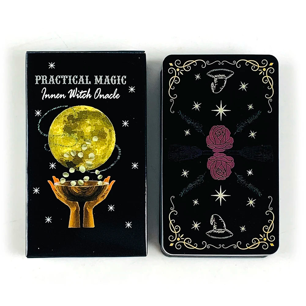 A set of two oracle cards titled Practical Magic Inner Witch featuring a moon and a rose design.