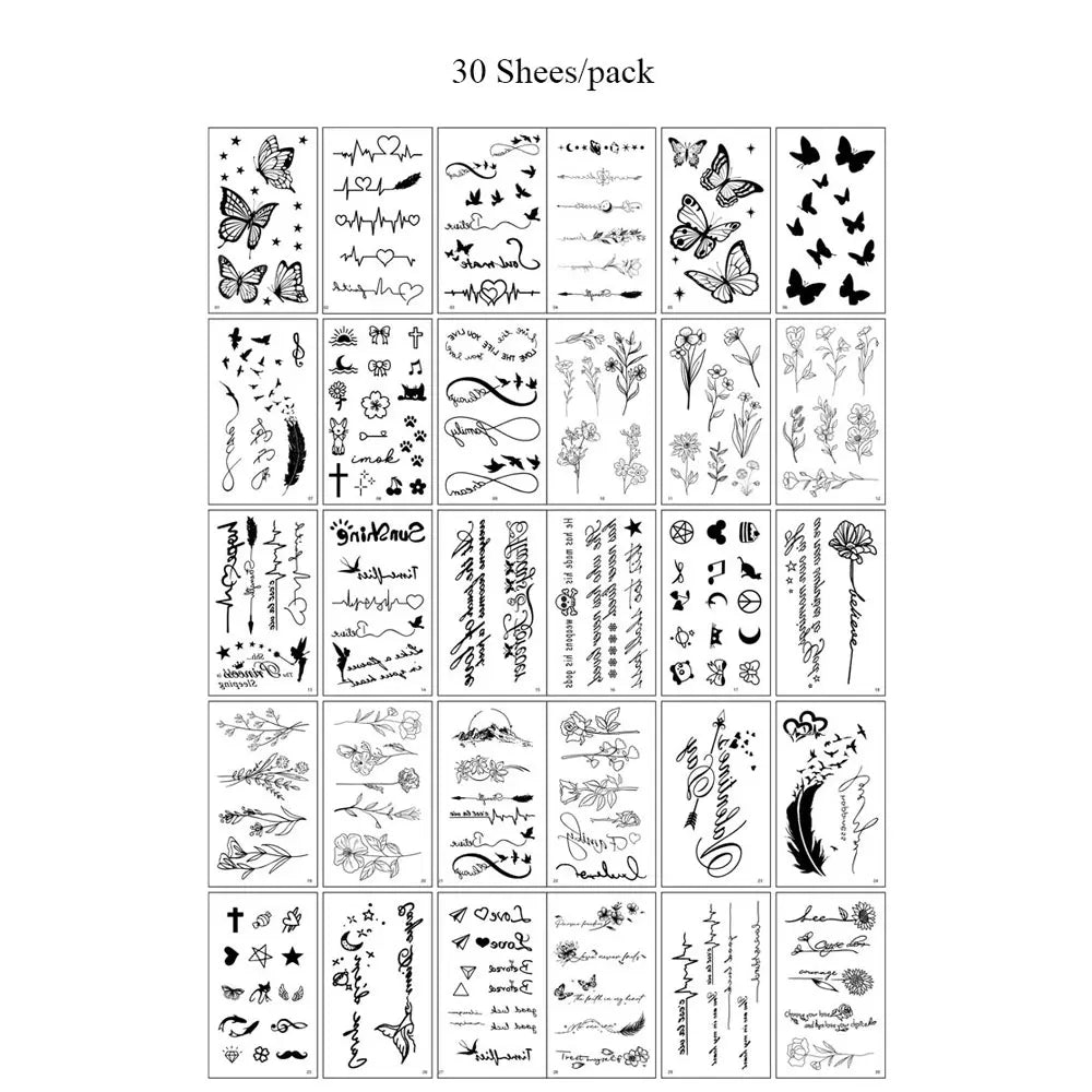 A sheet of temporary tattoos featuring various designs including butterflies, flowers, and abstract patterns.