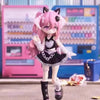 A pink-haired anime figure dressed in a black and white outfit stands in front of a colorful display box.