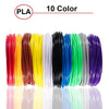 A collection of ten colored PLA filament spools for 3D printing and pens, showing various vibrant colors.