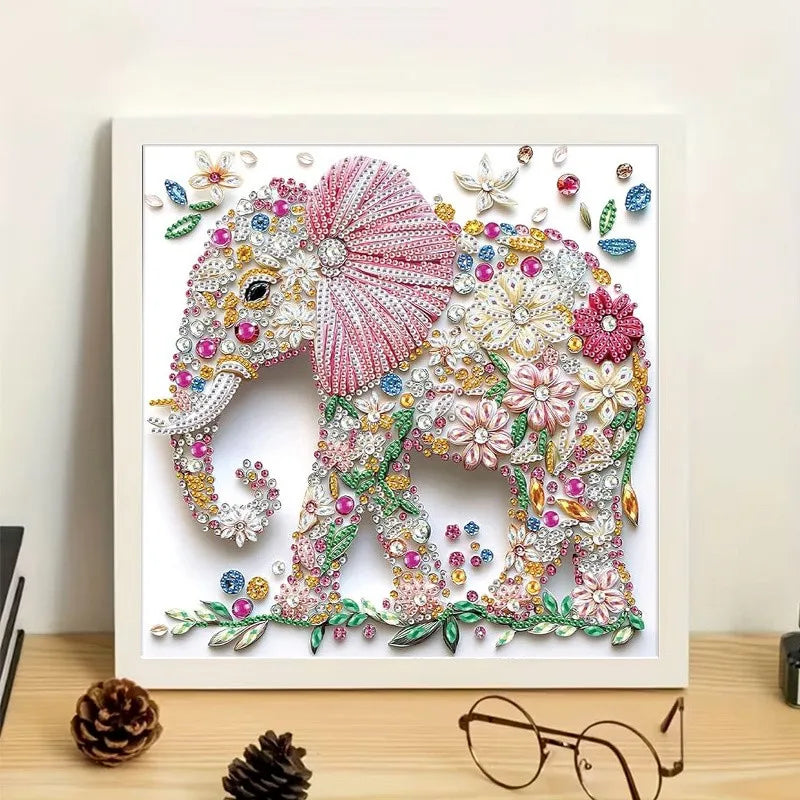 Diamond painting kit featuring an elephant adorned with pink and floral elements