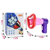 A pink and purple voice-changing megaphone toy for kids, shown with its packaging and dimensions.