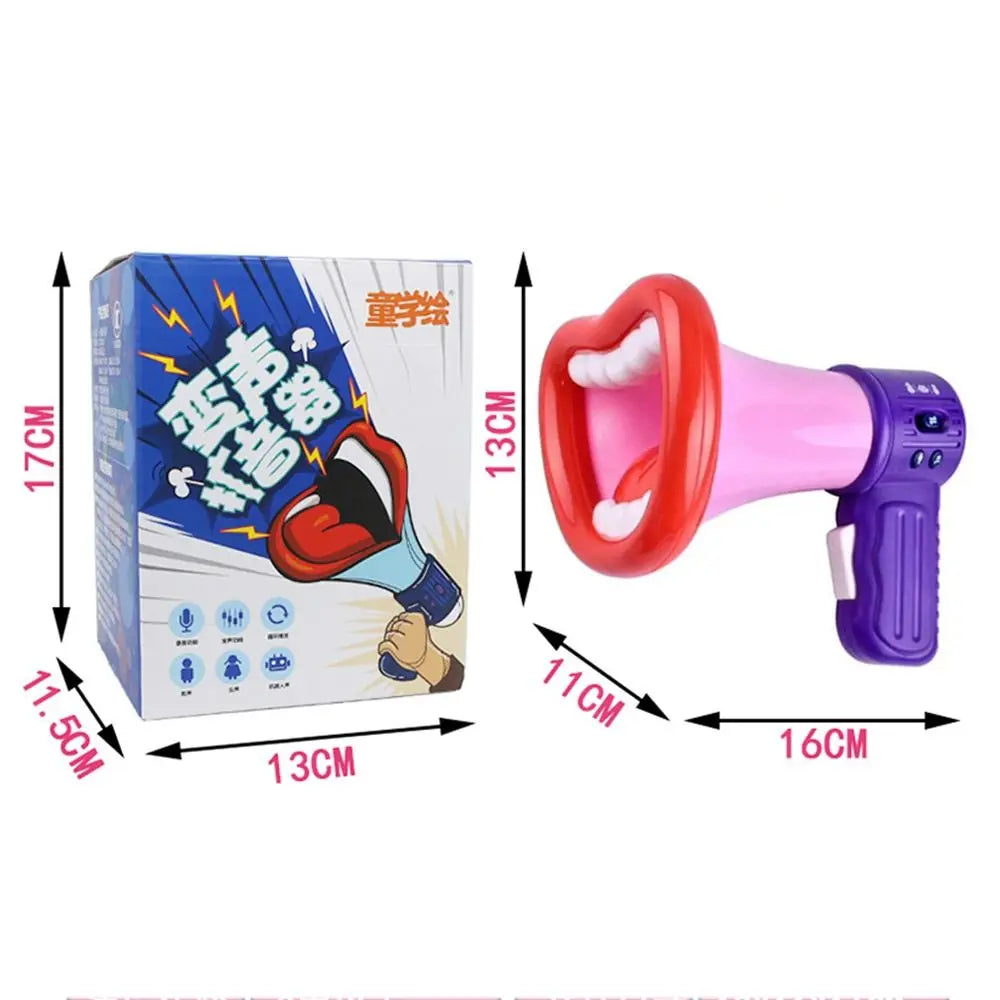 A pink and purple voice-changing megaphone toy for kids, shown with its packaging and dimensions.