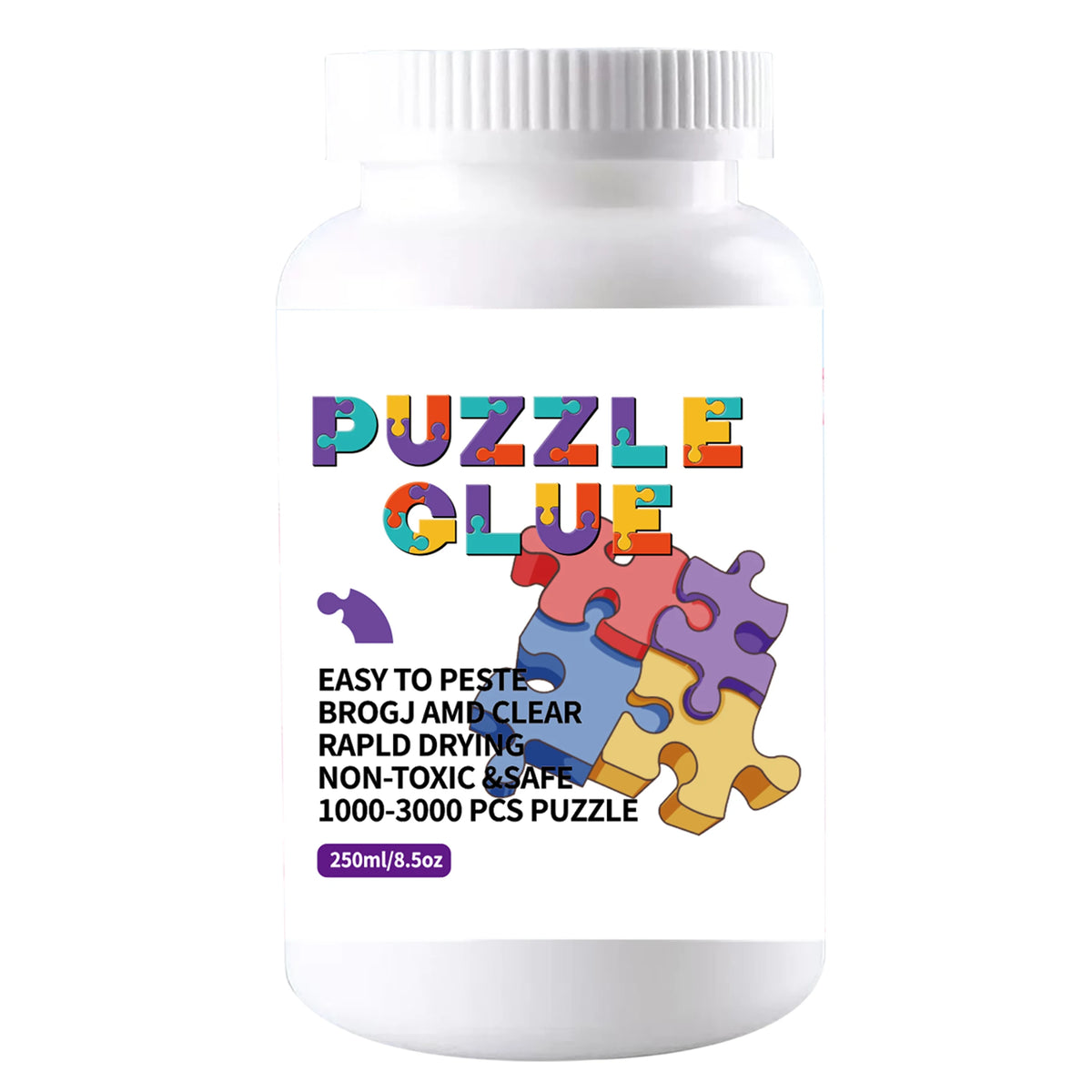 A white bottle of clear puzzle preserving glue with a label that reads Puzzle Glue and features text about its ease of use an