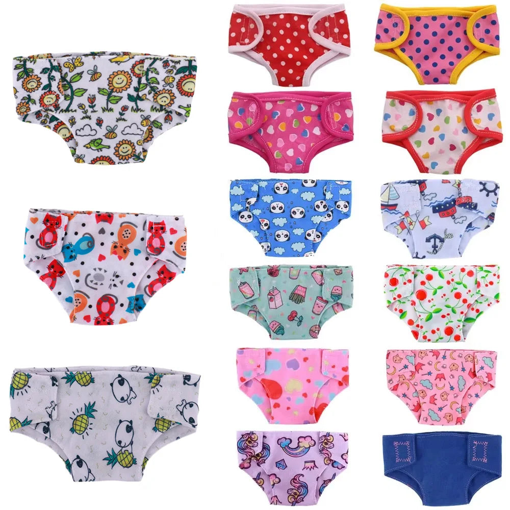 A collection of colorful soft doll underwear in various patterns and colors for dolls.