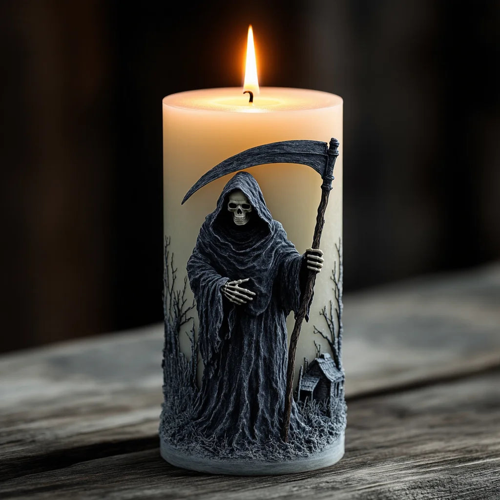 A white candle featuring a dark silhouette of a hooded skull holding an axe, set against a dark background.