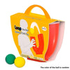 An orange box of a U-shaped juggling ball skill toy with an orange ball and a pink tube visible.