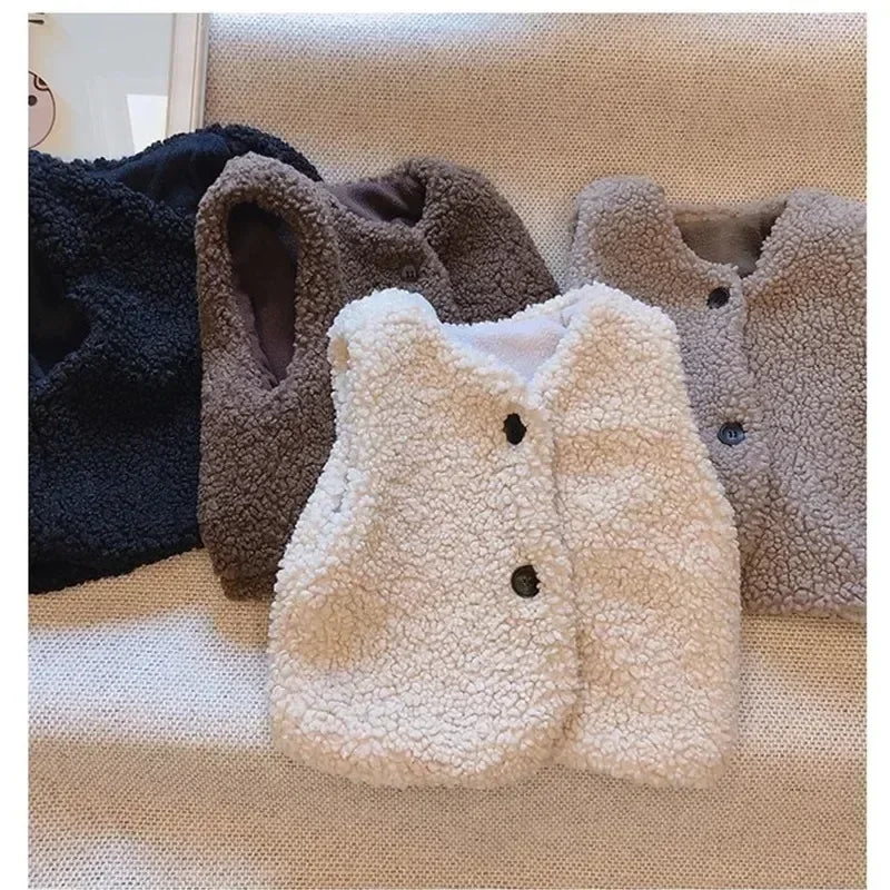 A collection of three plush fleece vests in shades of black, brown, and cream resting on a light-colored surface.