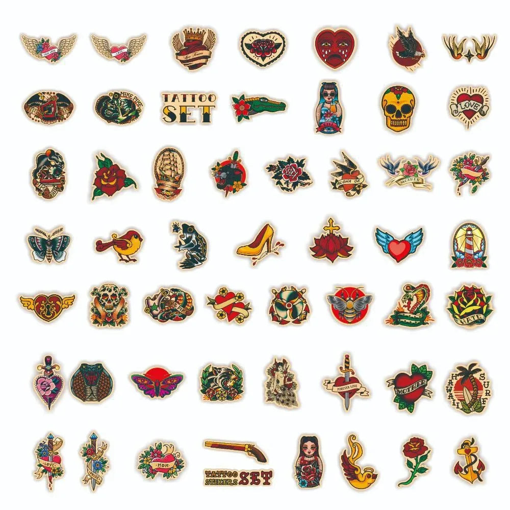 A collection of retro tattoo and cartoon stickers for laptops, luggage, and more