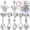 Sterling silver heart charm beads for bracelets featuring various designs including family and love themes