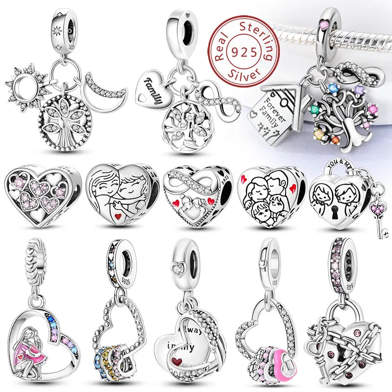 Sterling silver heart charm beads for bracelets featuring various designs including family and love themes
