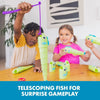 A child is using a green telescoping fishing rod toy to play a surprise gameplay game.