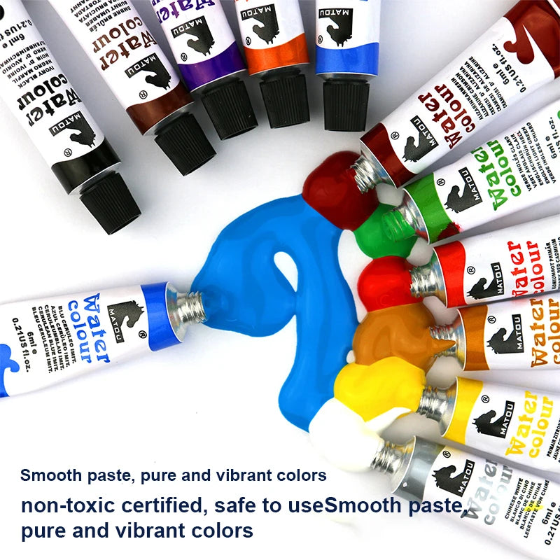 A collection of 12 watercolor and glass paint tubes in various colors displayed on a white surface.