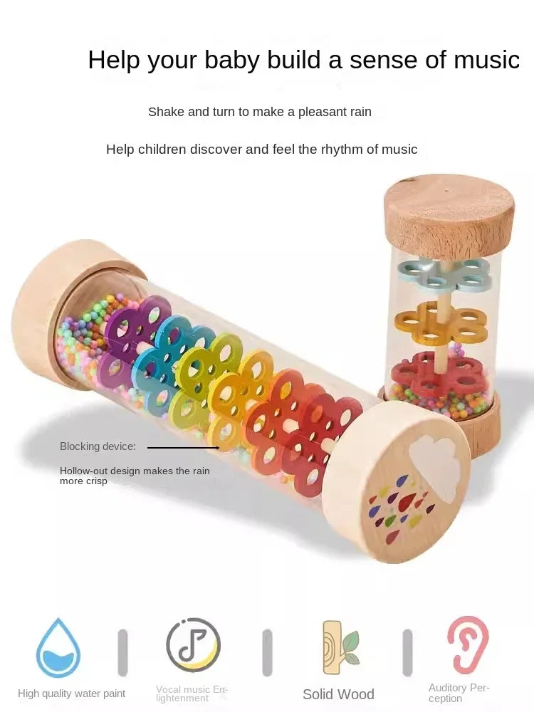 A wooden rain sound shaker toy with colorful plastic raindrops is shown next to a jar, designed to help babies build a sense 