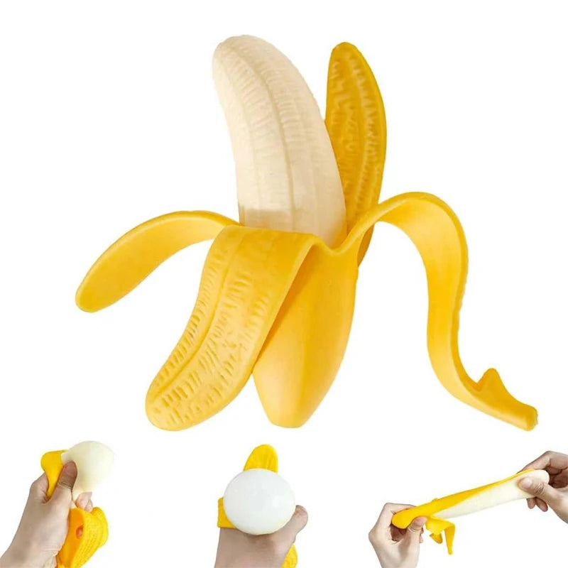 A yellow stretchy banana fidget toy is shown being held by hands.