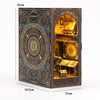 A dark wooden miniature bookshelf book nook kit featuring intricate details and internal LED lighting.