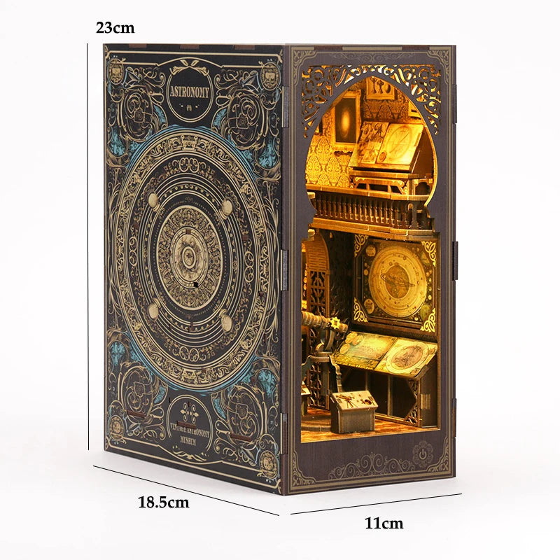 A dark wooden miniature bookshelf book nook kit featuring intricate details and internal LED lighting.