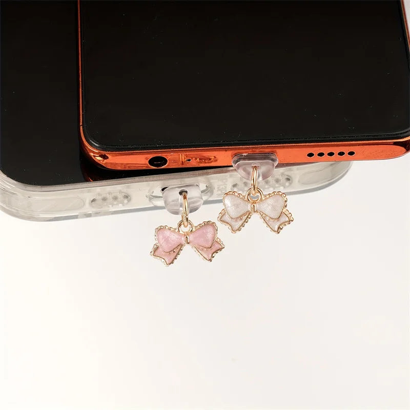 Pink & White Bowknot Phone Dust Plug