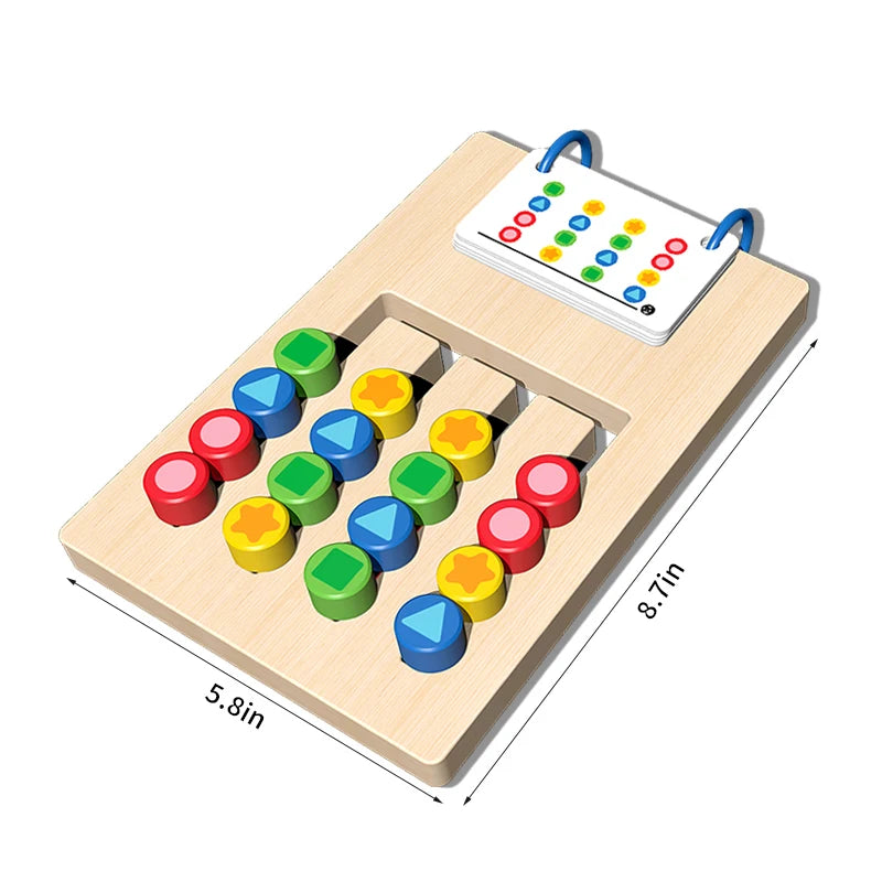 A wooden color and shape matching game board with various colored wooden blocks and a matching card.