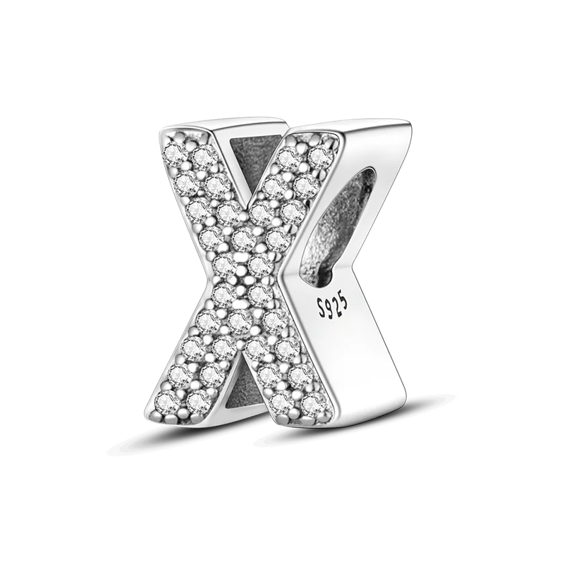 A sterling silver alphabet charm shaped like an X, encrusted with cubic zirconia stones.